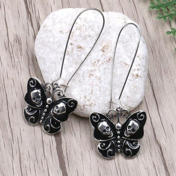 Silver and Black Goth Butterflies Skulls Long Wire Dangle Earrings - Picture 1 of 7